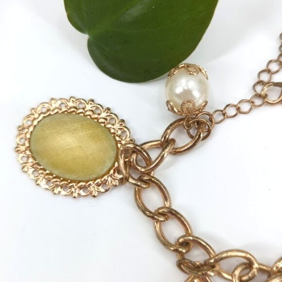 Flower Heart Pearl Charm Turquoise Gold Tone Chunky Chain Bracelet - Picture 2 of 5